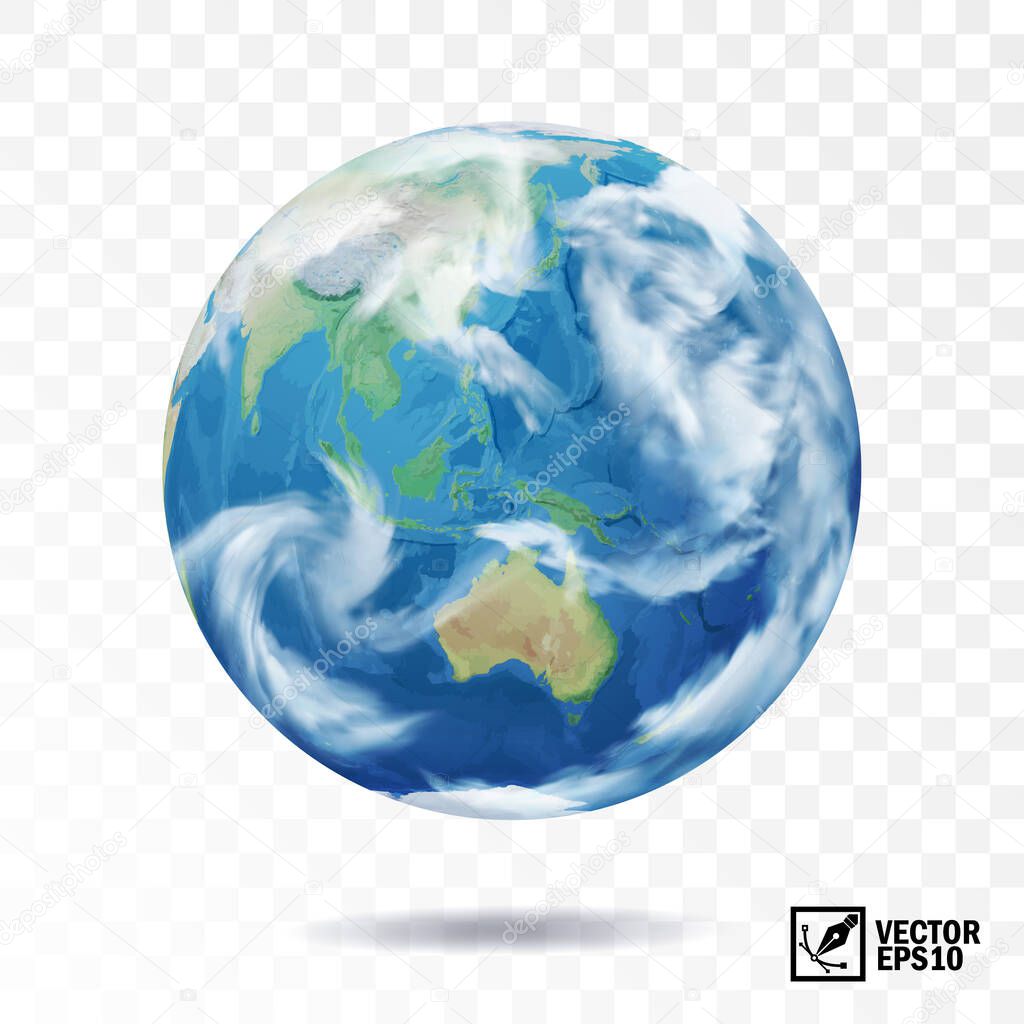 3D realistic vector earth with clouds, globe with view of the continents of Australia and Eurasia