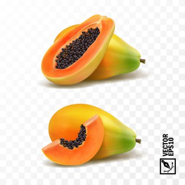 Tam ve dilimler papaya meyvesi, 3 boyutlu gerçekçi izole vektör, düzenlenebilir el yapımı ağ