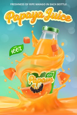 Dikey pankart, papaya suyunun 3 boyutlu gerçekçi reklamı, bir şişe papaya suyu ve bir logo.