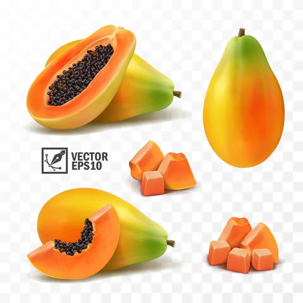 3d реалистичный прозрачный изолированный векторный набор, цельный и ломтик фруктов папайи, куча папайи — стоковый вектор
