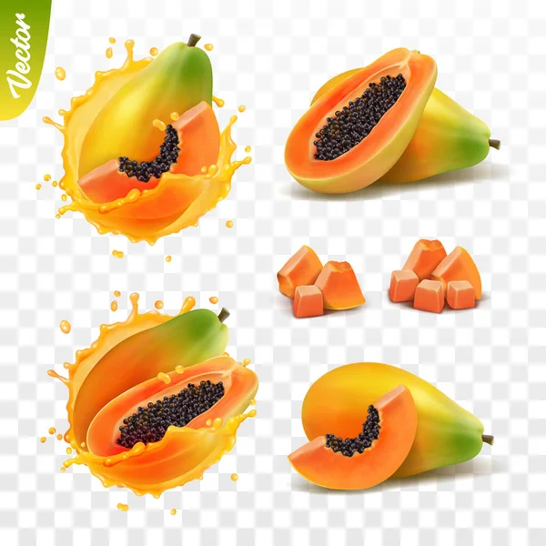 3d realista vector aislado transparente conjunto, entero y rebanada de fruta de papaya, papaya en un chorrito de jugo con gotas, mango en un chorrito de leche o yogur — Vector de stock