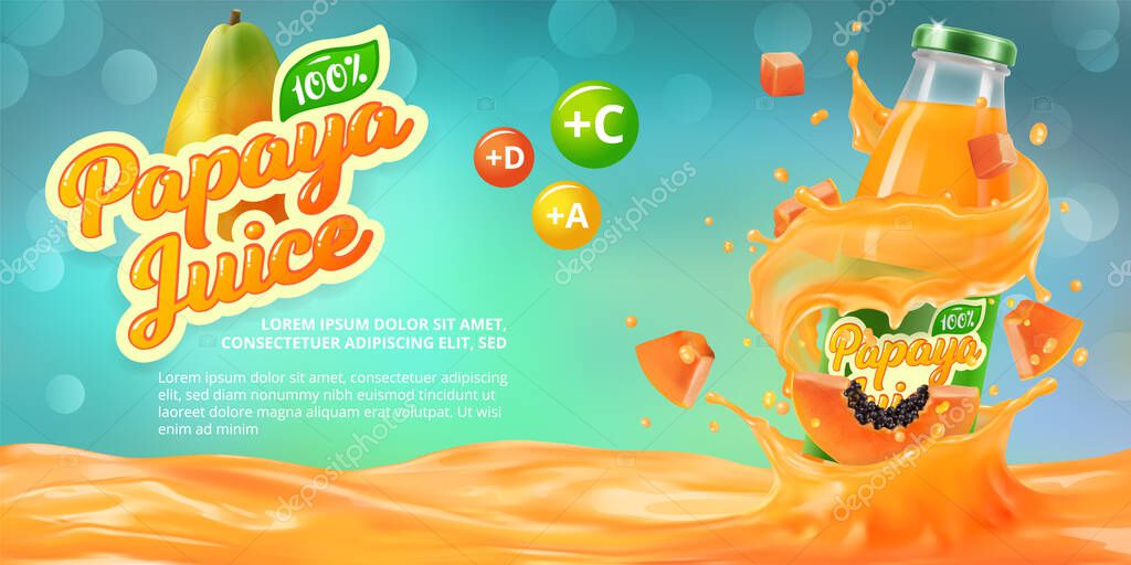 Horizontal banner with 3D realistic advertising of papaya juice, a bottle with papaya juice among the splashes