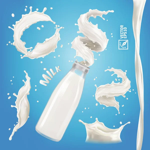 3D реалистичный набор векторов, различные всплески молока, йогурта или сливок, прозрачная бутылка с брызгами, струящийся поток, вихрь — стоковый вектор