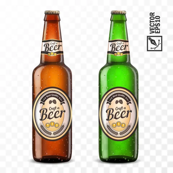 3d realistiche bottiglie di birra trasparente di colore verde e marrone con etichetta — Vettoriale Stock