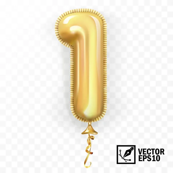 3d realista aislado vector número uno 1, globo de helio de oro para su decoración de diseño, fiesta, cumpleaños, anuncios — Archivo Imágenes Vectoriales