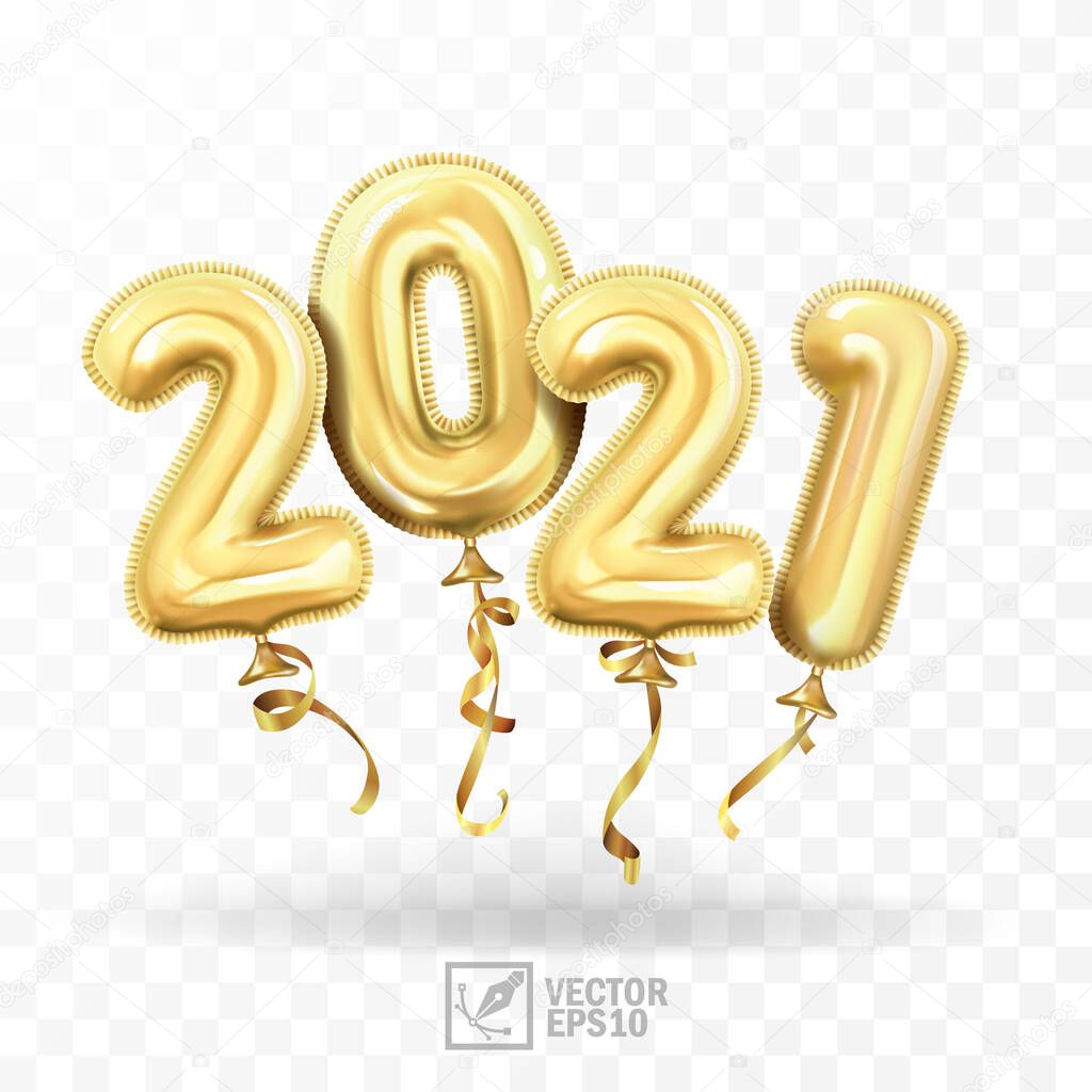 3d realistic isolated vector with gold gel balls as numbers two thousand and twenty one, 2021, New Years balloons to decorate your design, Christmas, New Year