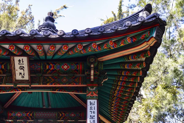 Ayrıntı corean pagoda bir forrest içinde bir çatı köşesinin