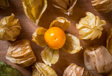 Cape bektaşi üzümü, Physalis meyve ahşap arka plan üzerinde.