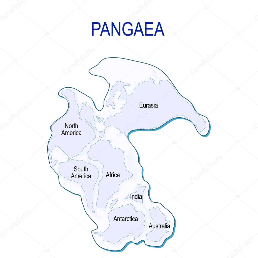 Map of Pangaea with modern continental borders. Continental drift on the planet Earth. millions years ago. vector illustration for educational and science use