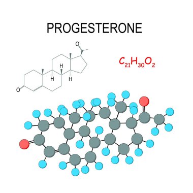 Progesteron. Kimyasal yapısal formülü ve molekül modeli.