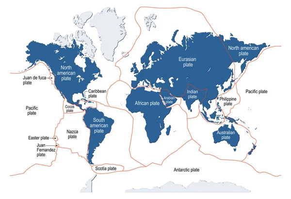 Piastra Tettonica Litosfera Terrestre Teoria Scientifica Mappa Del Mondo Con — Vettoriale Stock