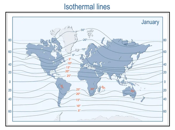 Isotherm Světová Mapa Kontinenty Isotermálními Liniemi Fyzikálními Teplotními Zónami Lednu — Stockový vektor