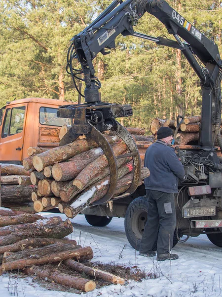 Un camion con un rimorchio e una piccola gru . — Foto Stock