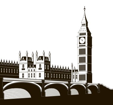 Westminster Sarayı, Elizabeth Kulesi ve Westminster Köprüsü İllüstrasyonu.