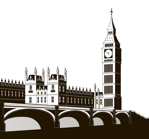 Illustratie Paleis van Westminster, Elizabeth Tower en Westminster Bridge. — Stockvector