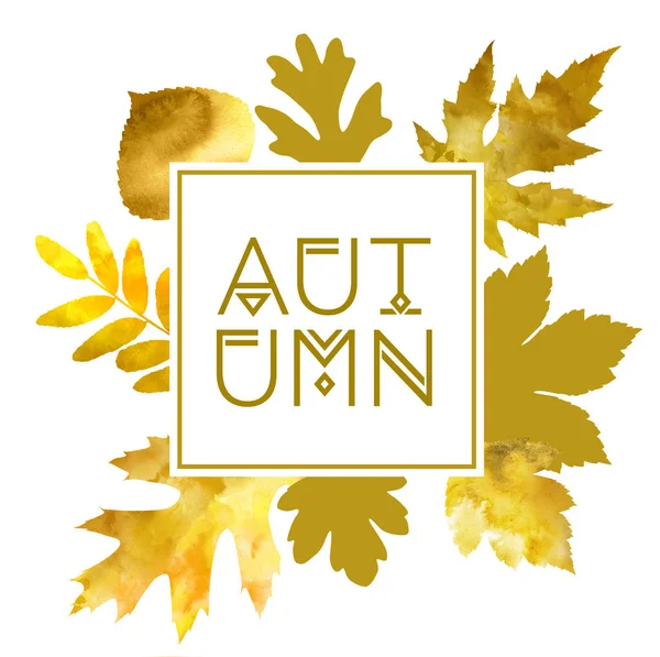 Осенняя рамка с золотыми листьями акварели — стоковое фото