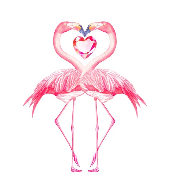 Twee flamingo's met diamant hart geïsoleerd op wit. Aquarel illustratie. — Stockfoto