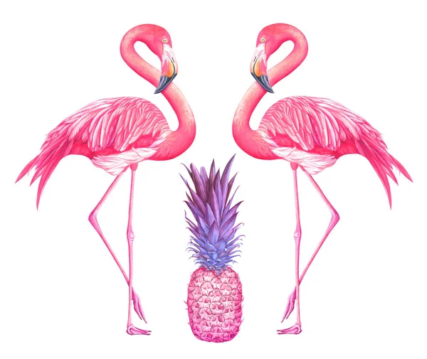 Två Flamingos med rosa ananas isolerad på vit bakgrund. — Stockfoto