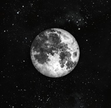 Dolunay ve yıldızlar ile gece gökyüzü. Suluboya el çizilmiş illüstrasyon.
