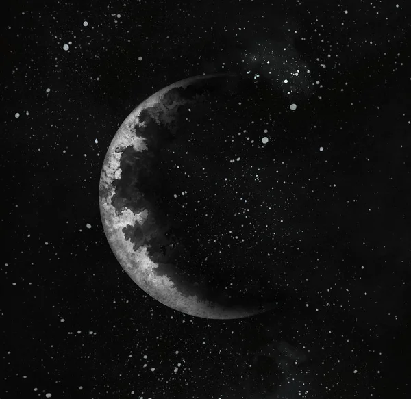 Ay ve yıldızlarla gece gökyüzü. Suluboya el çizilmiş illüstrasyon. — Stok fotoğraf