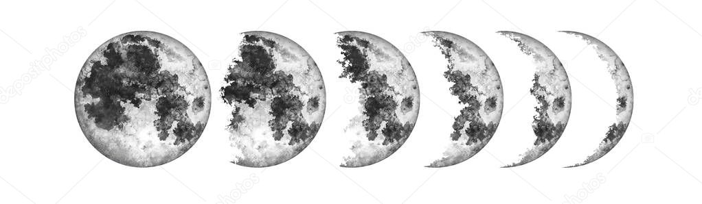 Moon phases isolated on white background. Watercolor hand drawn illustration.