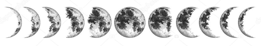 Moon phases isolated on white background. Watercolor hand drawn illustration.
