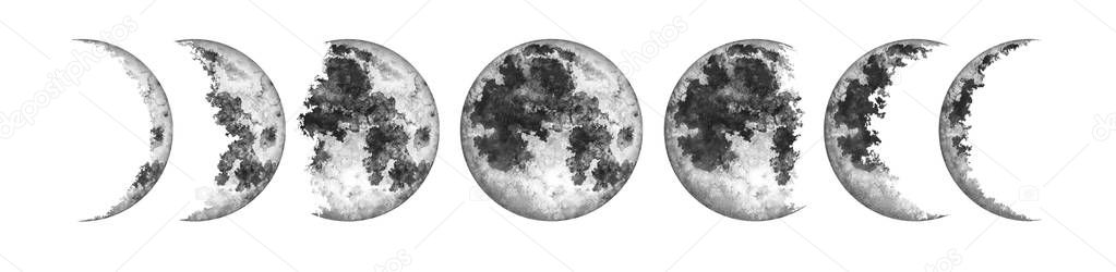 Moon phases isolated on white background. Watercolor hand drawn illustration.