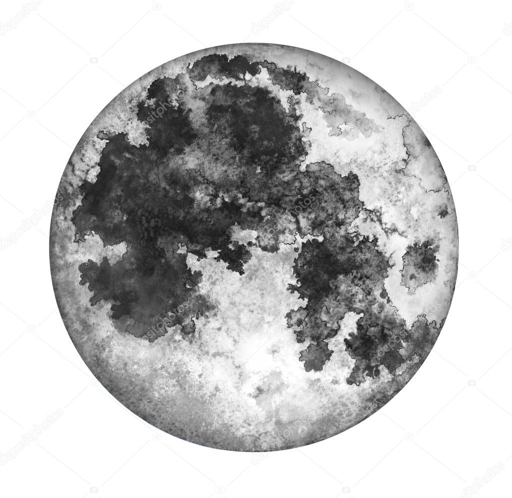 Moon isolated on white background. Watercolor hand drawn illustration.