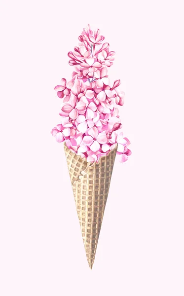 Eiscreme mit rosafarbener Fliederblüte isoliert auf weiß. Aquarellillustration. — Stockfoto