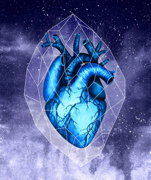 Modré lidské srdce na pozadí vesmíru. Předkreslena ruka akvarel. — Stock fotografie