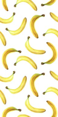 Beyaz üzerinde izole muz ile Dikişsiz desen. Suluboya illüstrasyon.