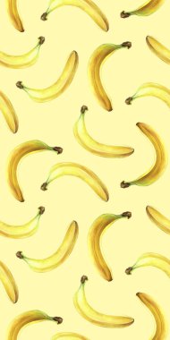 Sarı üzerinde izole muz ile Dikişsiz desen. Suluboya illüstrasyon.