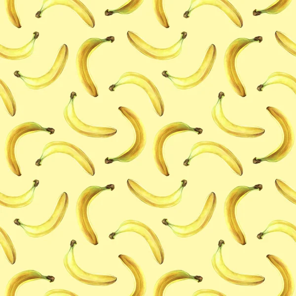 Sömlösa mönster med bananer isolerade på gult. Akvarell illustration. — Stockfoto