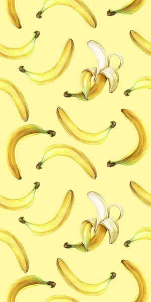 Sömlösa mönster med bananer isolerade på gult. Akvarell illustration. — Stockfoto