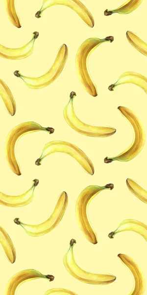 Sömlösa mönster med bananer isolerade på gult. Akvarell illustration. — Stockfoto