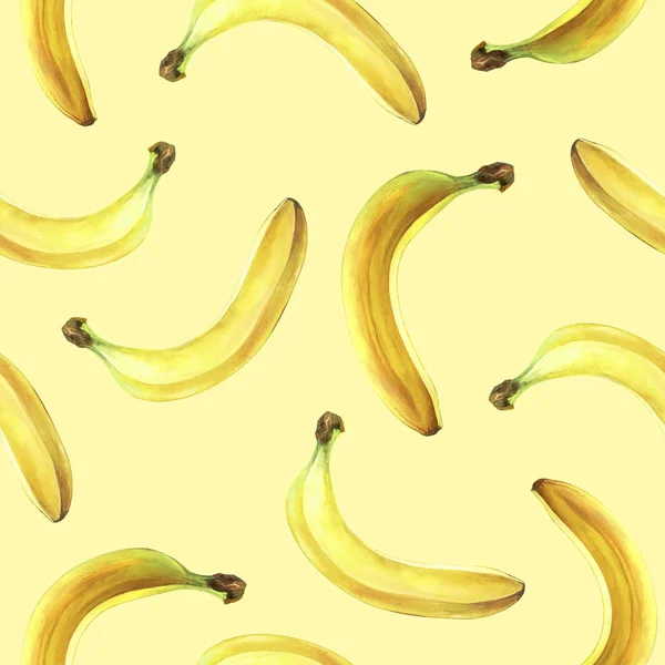 Sömlösa mönster med bananer isolerade på gult. Akvarell illustration. — Stockfoto