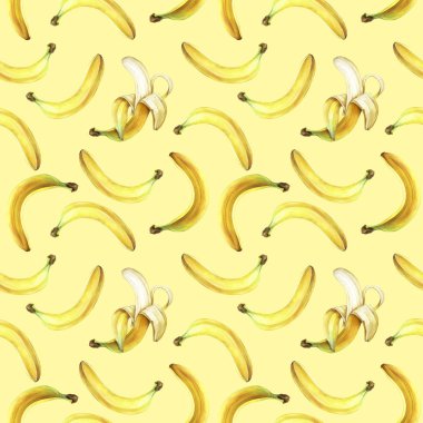 Sarı üzerinde izole muz ile Dikişsiz desen. Suluboya illüstrasyon.