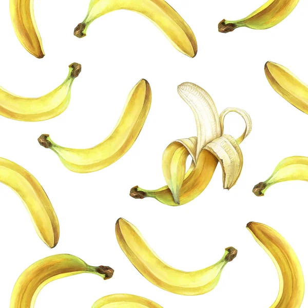 Sömlösa mönster med bananer isolerade på vitt. Akvarell illustration. — Stockfoto