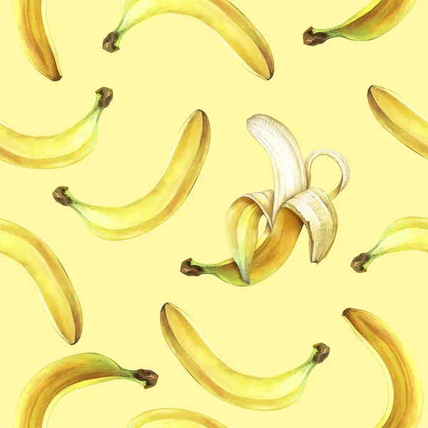 Sömlösa mönster med bananer isolerade på gult. Akvarell illustration. — Stockfoto