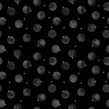 Ay ve yıldızlarla kusursuz siyah desen. El çizilmiş suluboya illüstrasyon.