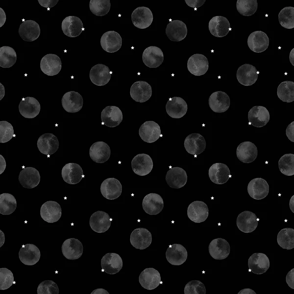 无缝的黑色图案与月亮和星星。手绘水彩插图. — 图库照片