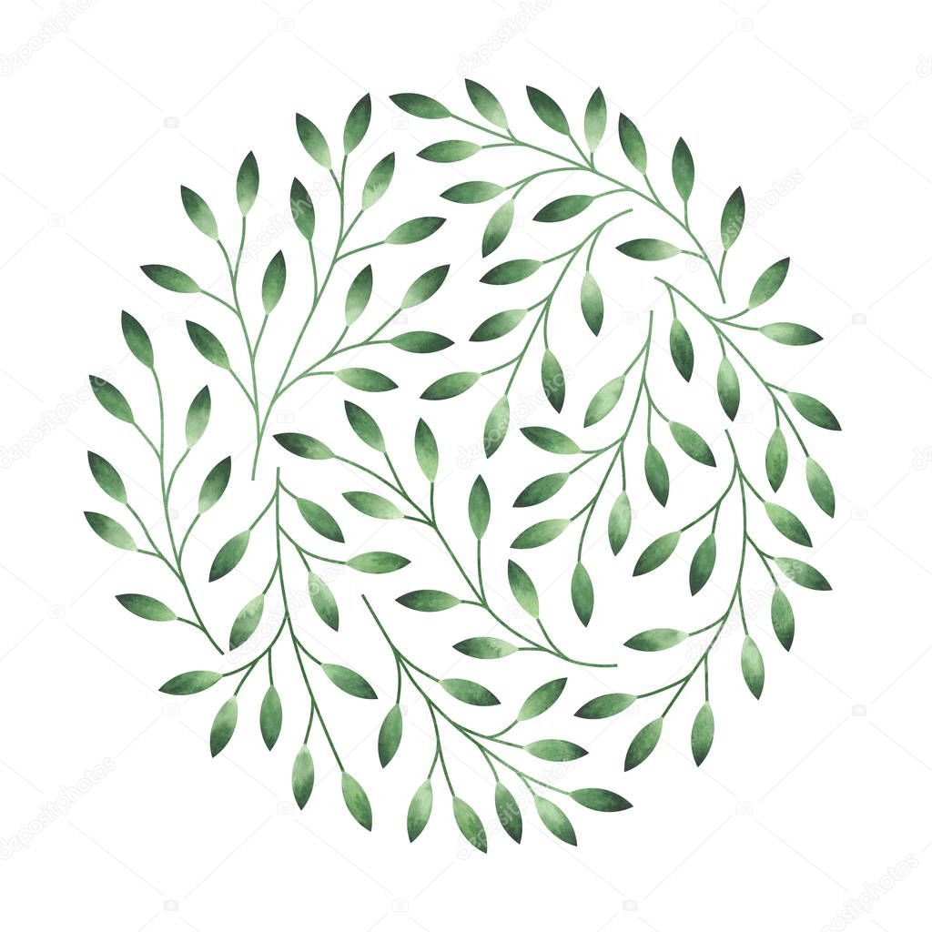 Elegant round pattern with stylized tree branches. Watercolor hand drawn illustration.