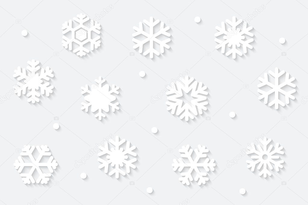 Vector Christmas background with paper snowflakes on light grey background.