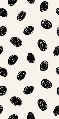 Hippi puantiyeli nokta deseni. Siyah beyaz soyut arkaplan ve karalama çemberleri. Vektör el çizimi illüstrasyon. EPS 10