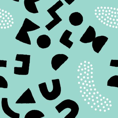 Kalın geometrik şekilleri ve noktaları olan renksiz desenler. Modern İskandinav kesim elementlerine sahip vektör soyut arkaplan.