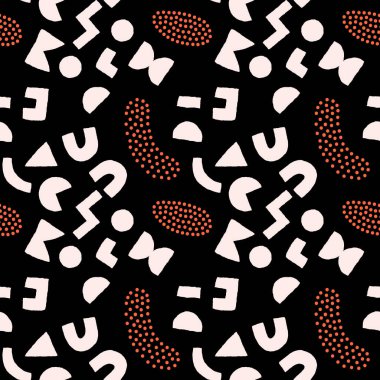 Kalın geometrik şekilleri ve noktaları olan renksiz desenler. Modern İskandinav kesim elementlerine sahip vektör soyut arkaplan.