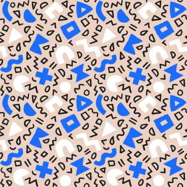 Kalın geometrik şekilleri ve fırça darbeleriyle renksiz desen. Modern İskandinav kesim elementlerine sahip vektör soyut arkaplan.