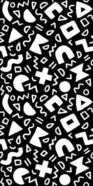 Kalın geometrik şekilleri ve fırça darbeleriyle siyah ve beyaz desenli. Modern İskandinav kesim elementlerine sahip vektör soyut arkaplan.