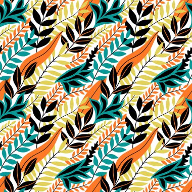 Renkli, dikişsiz çiçek deseni. Parlak tropik yaprakları olan şık bir yaz ortamı. Vektör illüstrasyonu, EPS 10.