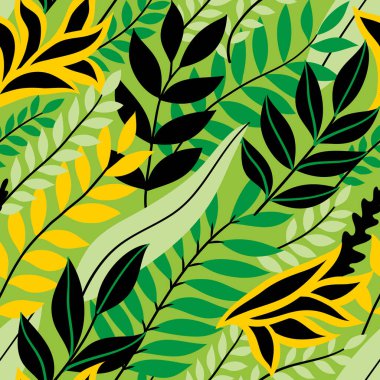 Renkli, dikişsiz çiçek deseni. Parlak tropik yaprakları olan şık bir yaz ortamı. Vektör illüstrasyonu, EPS 10.